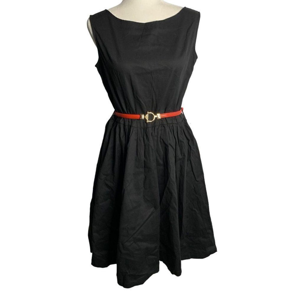 Lindy Bop Retro Pinup Swing Dress L Black Sleeveless Lined Belt Loops Zipper NEW